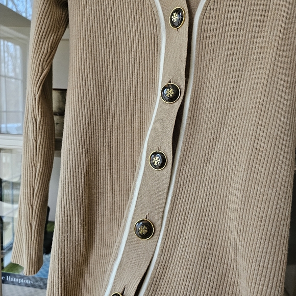 Tory Burch Ribbed Merino Wool Blend Simone Cardigan - Picture 6 of 9